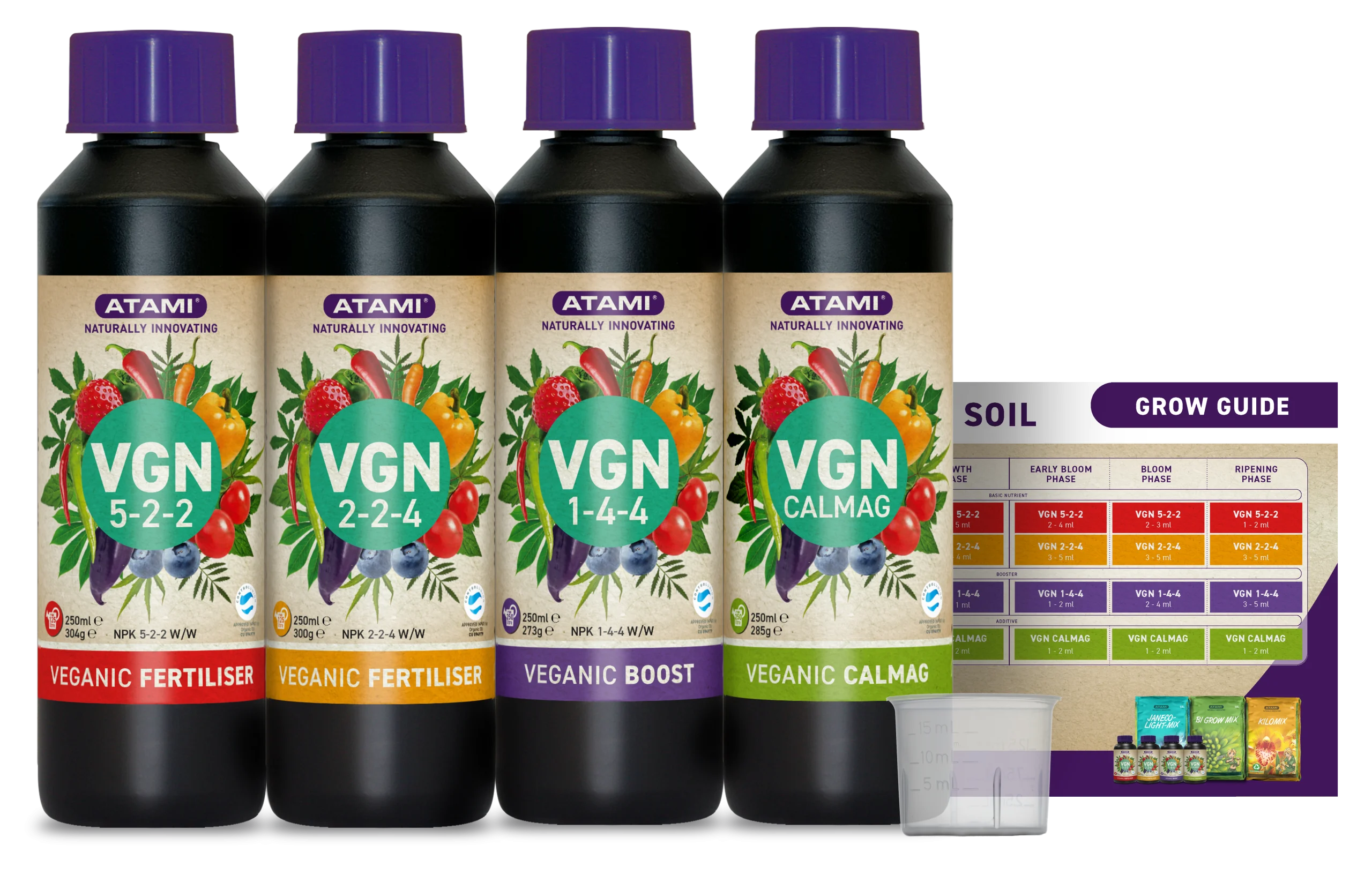 Contents of the Atami VGN 4-Pack – four organic liquid nutrients for strong plant growth